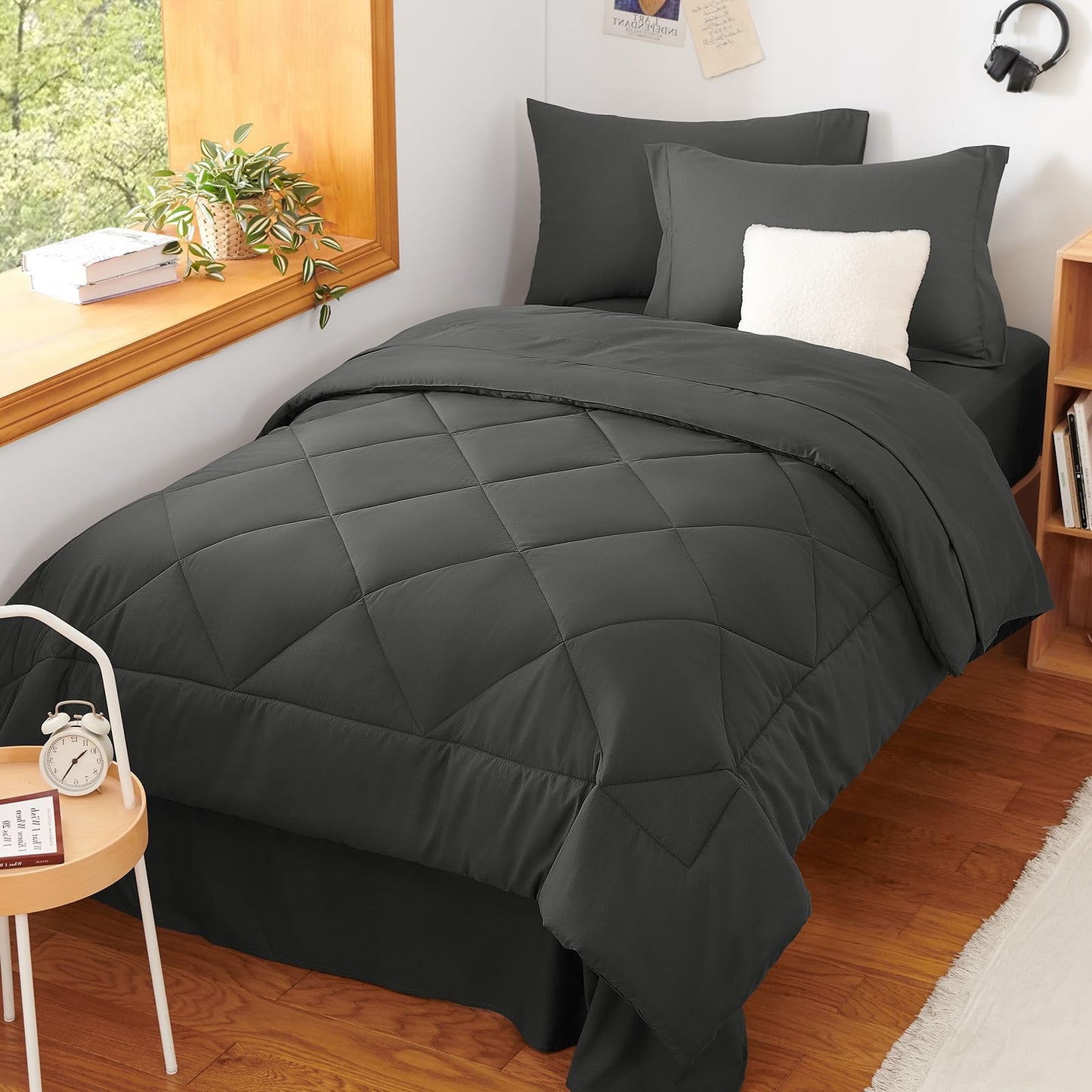CozyLux Twin XL Size Comforter Set 5 Pieces Dark Grey Twin Extra Long Bed in a Bag for College Dorm All Season Bedding Sets with Comforter, Pillow Shams, Flat Sheet, Fitted Sheet and Pillowcases