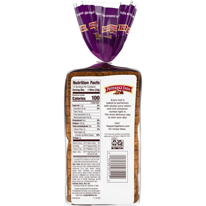 Pepperidge Farm Raisin Cinnamon Swirl Breakfast Bread, Delicious 16oz Loaf