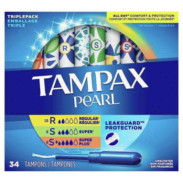 Tampax Pearl Tampons 34 Count: LeakGuard Protection, All-Day Comfort, FormFit