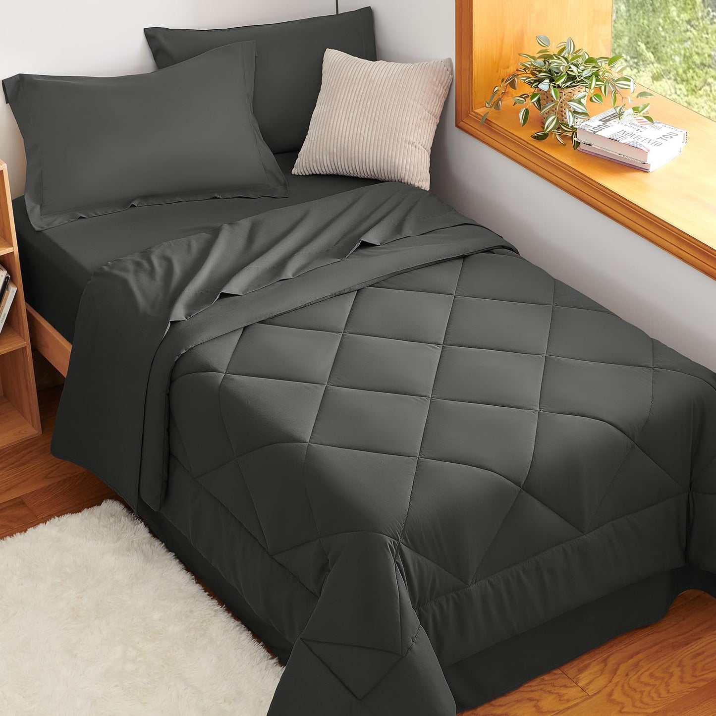 CozyLux Twin XL Size Comforter Set 5 Pieces Dark Grey Twin Extra Long Bed in a Bag for College Dorm All Season Bedding Sets with Comforter, Pillow Shams, Flat Sheet, Fitted Sheet and Pillowcases