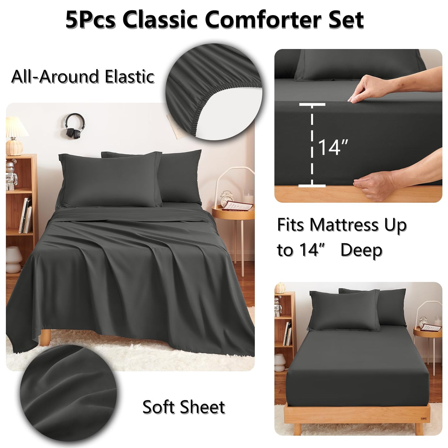 CozyLux Twin XL Size Comforter Set 5 Pieces Dark Grey Twin Extra Long Bed in a Bag for College Dorm All Season Bedding Sets with Comforter, Pillow Shams, Flat Sheet, Fitted Sheet and Pillowcases