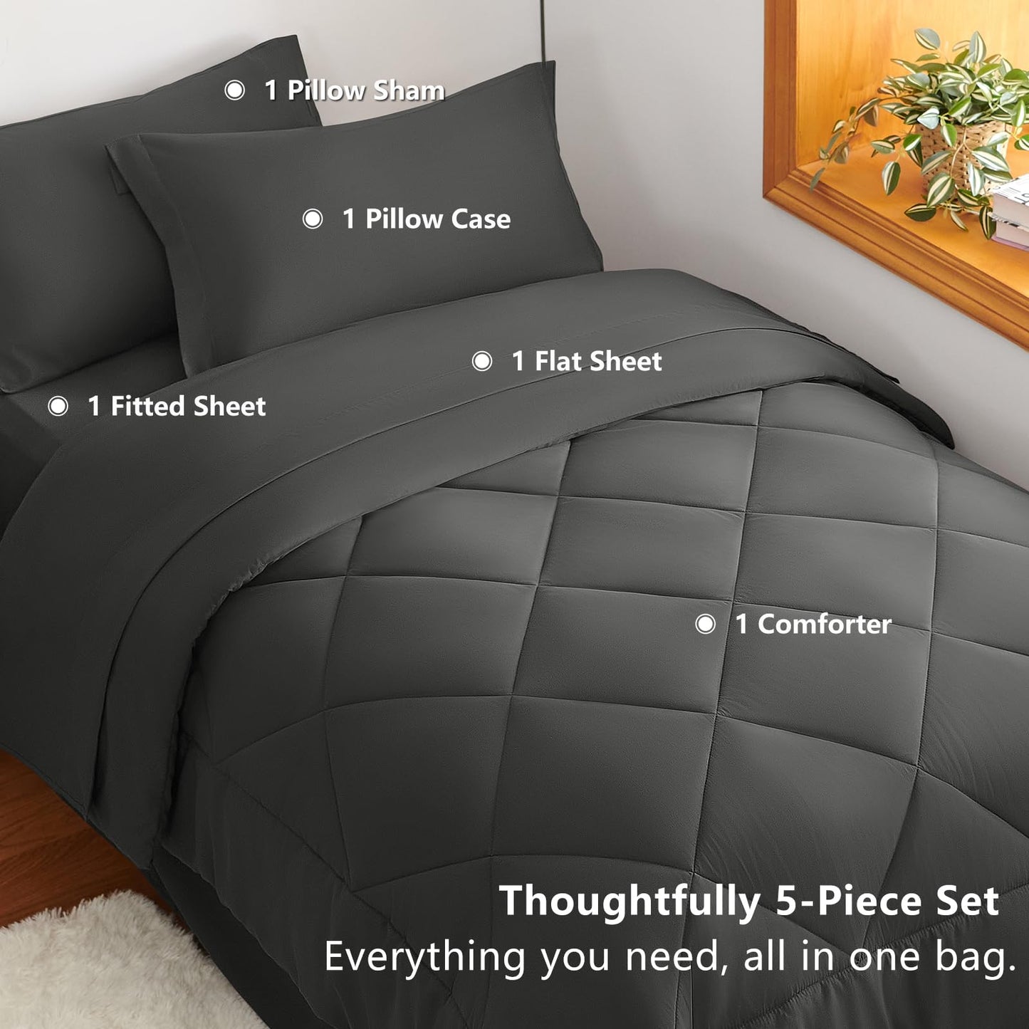 CozyLux Twin XL Size Comforter Set 5 Pieces Dark Grey Twin Extra Long Bed in a Bag for College Dorm All Season Bedding Sets with Comforter, Pillow Shams, Flat Sheet, Fitted Sheet and Pillowcases