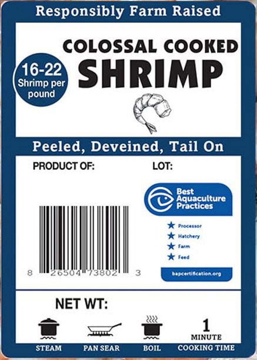 Premium Colossal Cooked Shrimp: Peeled, Deveined, Tail-On, 1 lb Bag
